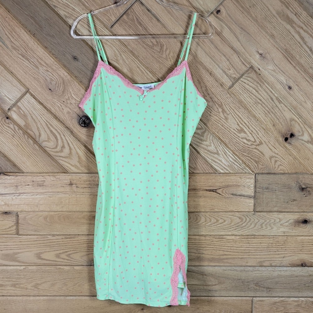 Linea Donatella Green & Pink Polka Dot Lace Trim Nightgown Mini Dress L